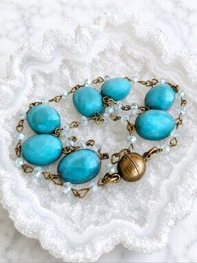 Teal Dusty Blue Glass Oval Faceted  Dual Chain Bracelet Brass Magnetic Clasp EUC